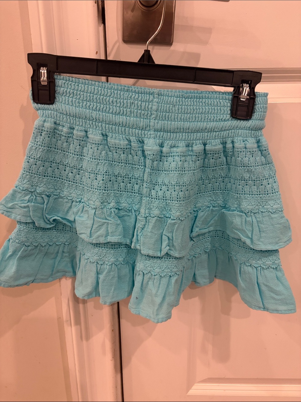 Light Blue Ruffled Mini Skirt with Drawstring Waist - Picture 2 of 3
